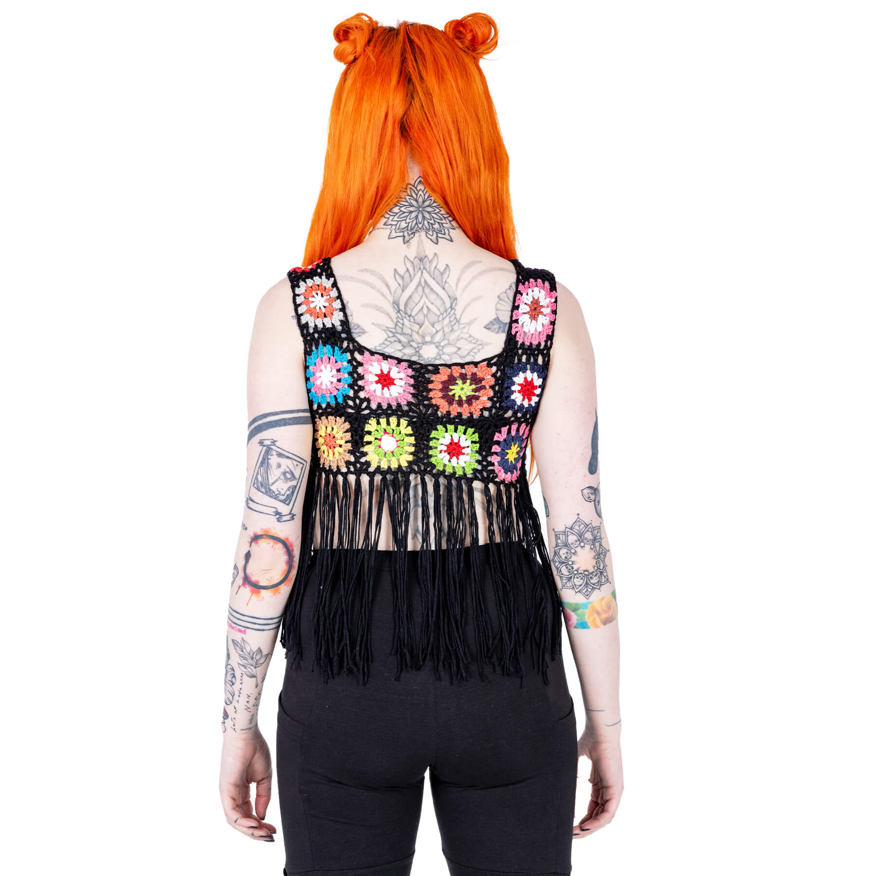 Innocent Lifestyle Maise Fringe Vest Black Multi Crochet Boho Top