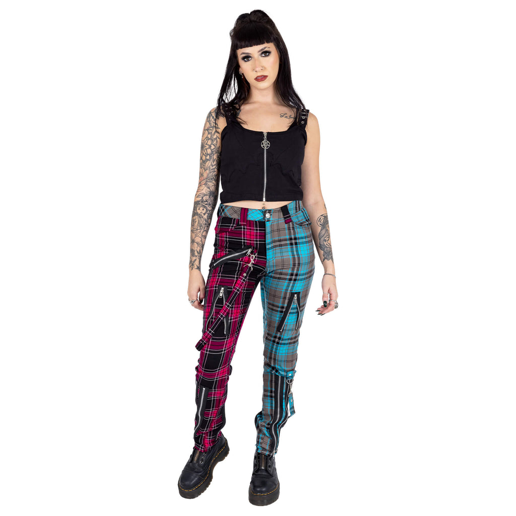 Chemical Black Azaria Pants Dark Pink Blue Check Punk Trousers