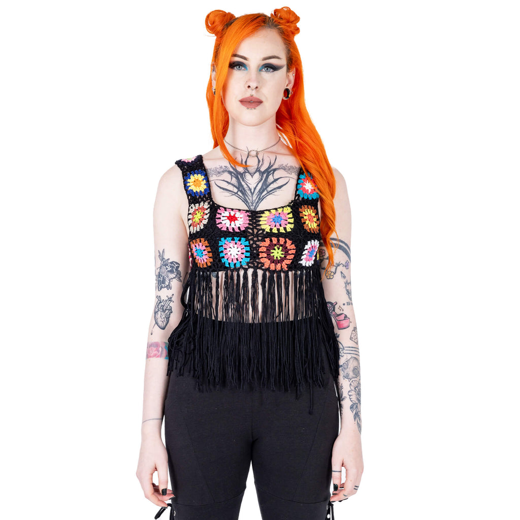 Innocent Lifestyle Maise Fringe Vest Black Multi Crochet Boho Top