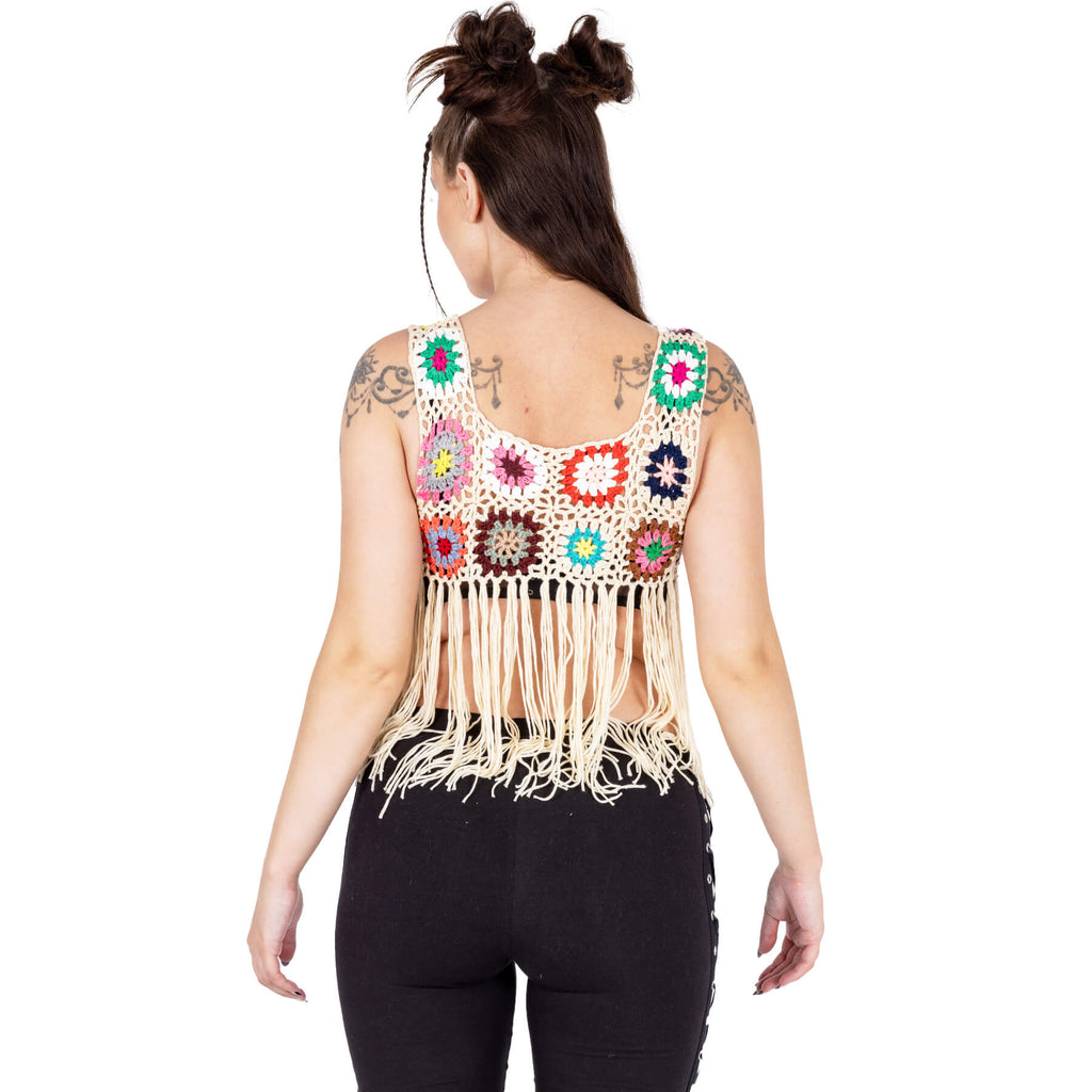 Innocent Lifestyle Maise Fringe Vest Cream Multi Crochet Boho Top