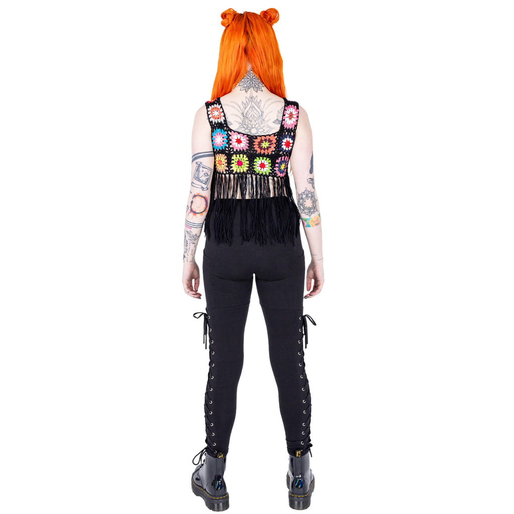 Innocent Lifestyle Maise Fringe Vest Black Multi Crochet Boho Top