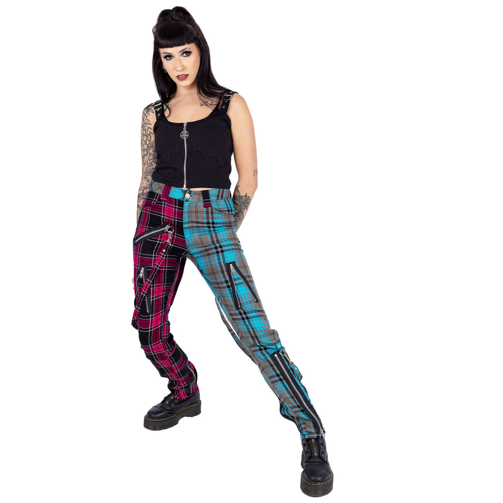 Chemical Black Azaria Pants Dark Pink Blue Check Punk Trousers
