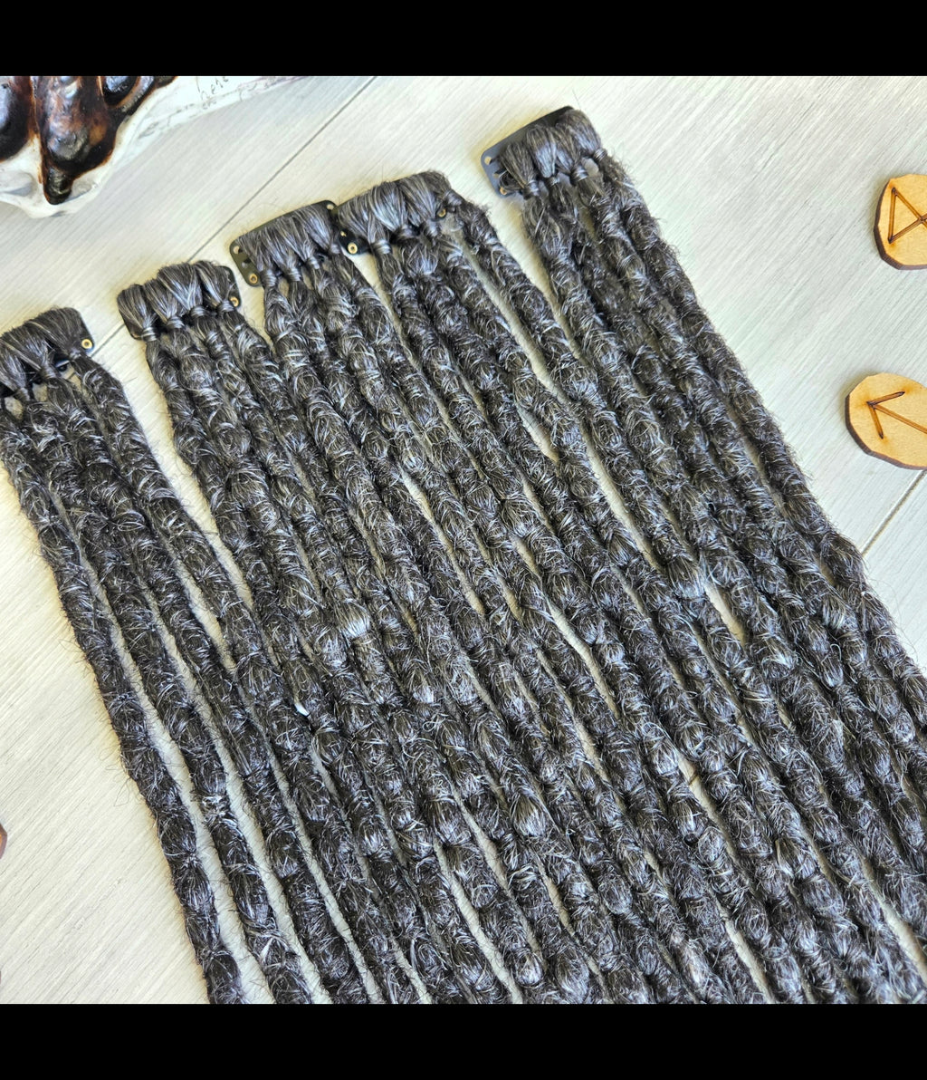 Shadow Ash Clip-In Dread Extensions – Black to Silver Ombre | Handmade Synthetic Dreads | Partial Set Available | RavenDreadz