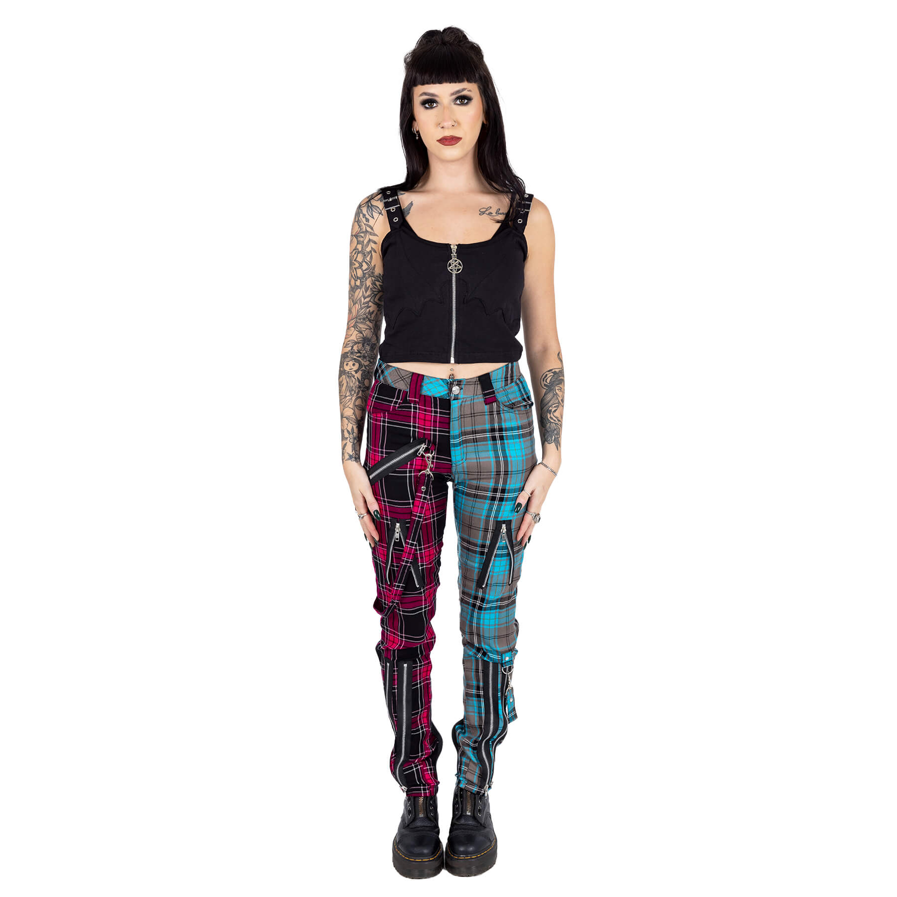 Chemical Black Azaria Pants Dark Pink Blue Check Punk Trousers