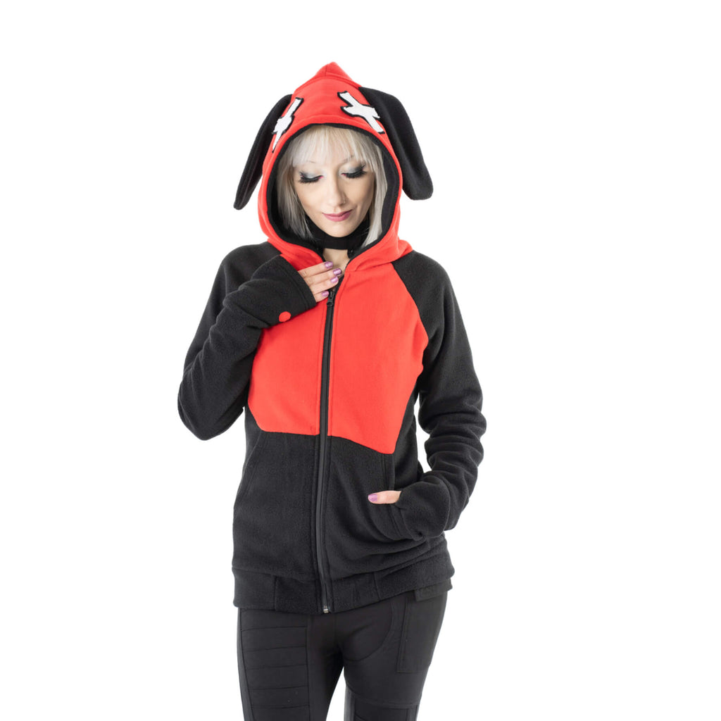 Luv Bunny LB Cross Hood Red Black Alternative Bunny Hoodie