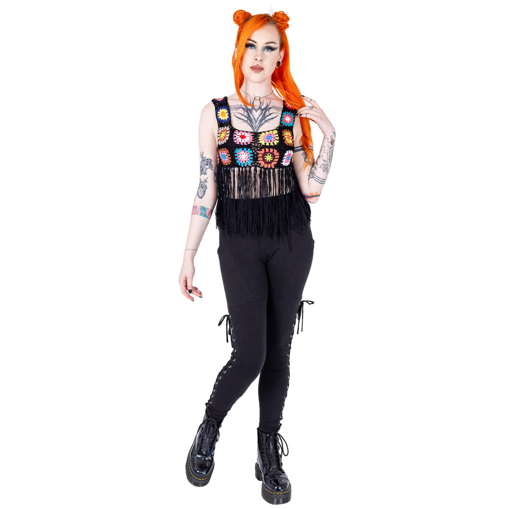 Innocent Lifestyle Maise Fringe Vest Black Multi Crochet Boho Top