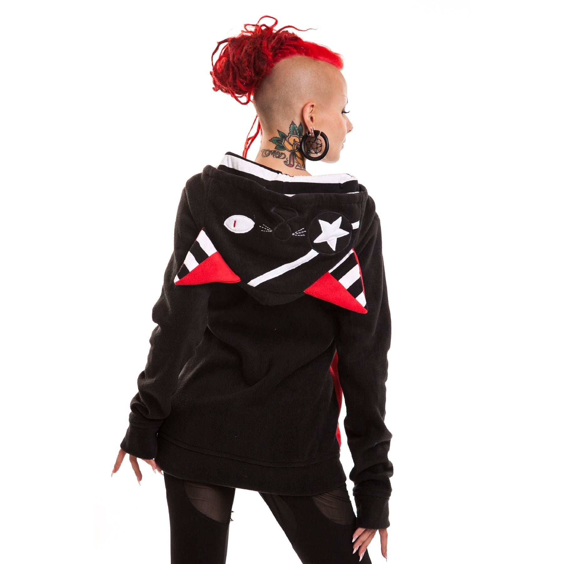 Bye Bye Kitty Star Kitty Hood Black Red Alternative Cat Hoodie