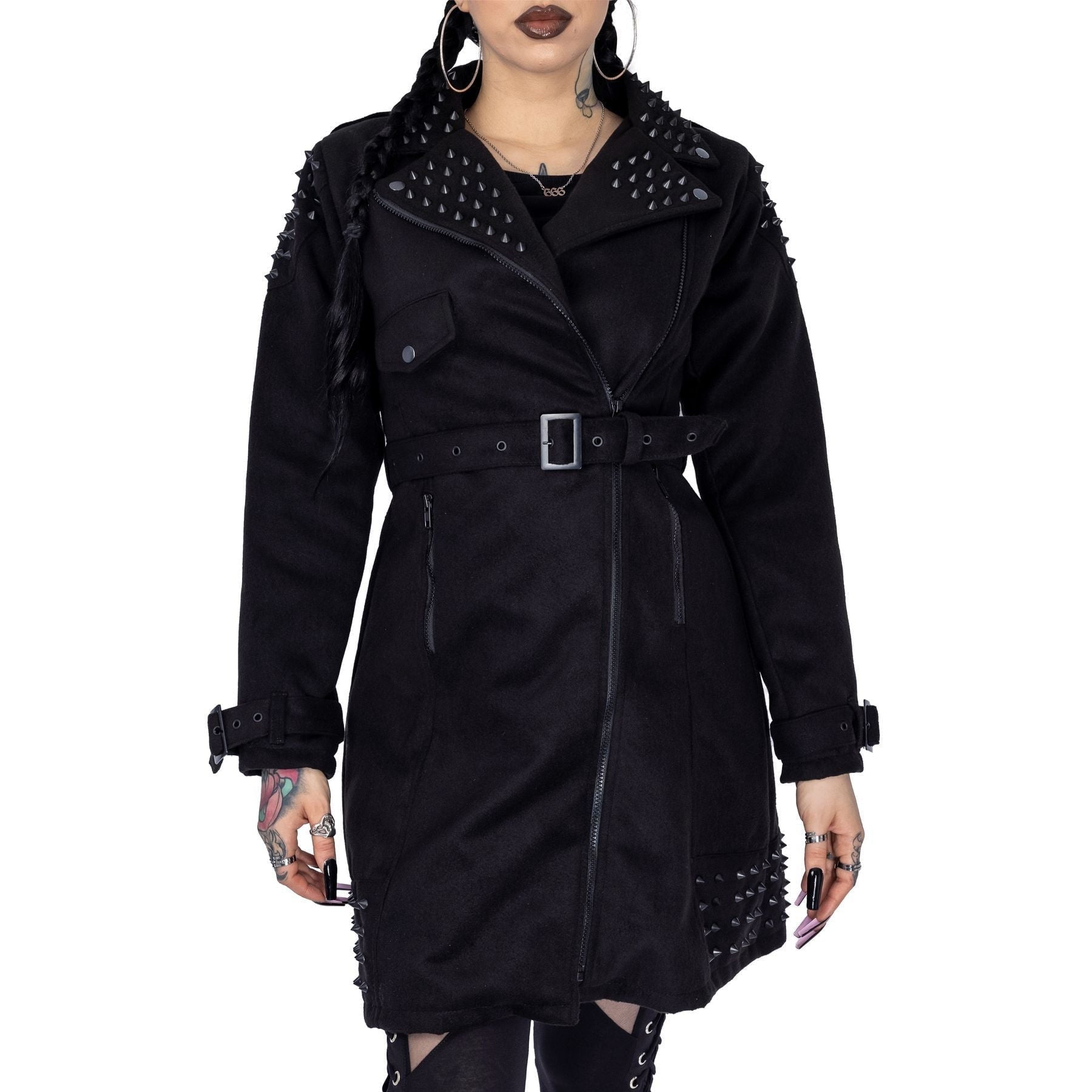 Vixxsin Adonia Coat Black Studded Gothic Belted Jacket Alternative Punk Grunge Coat - Rockinredfox