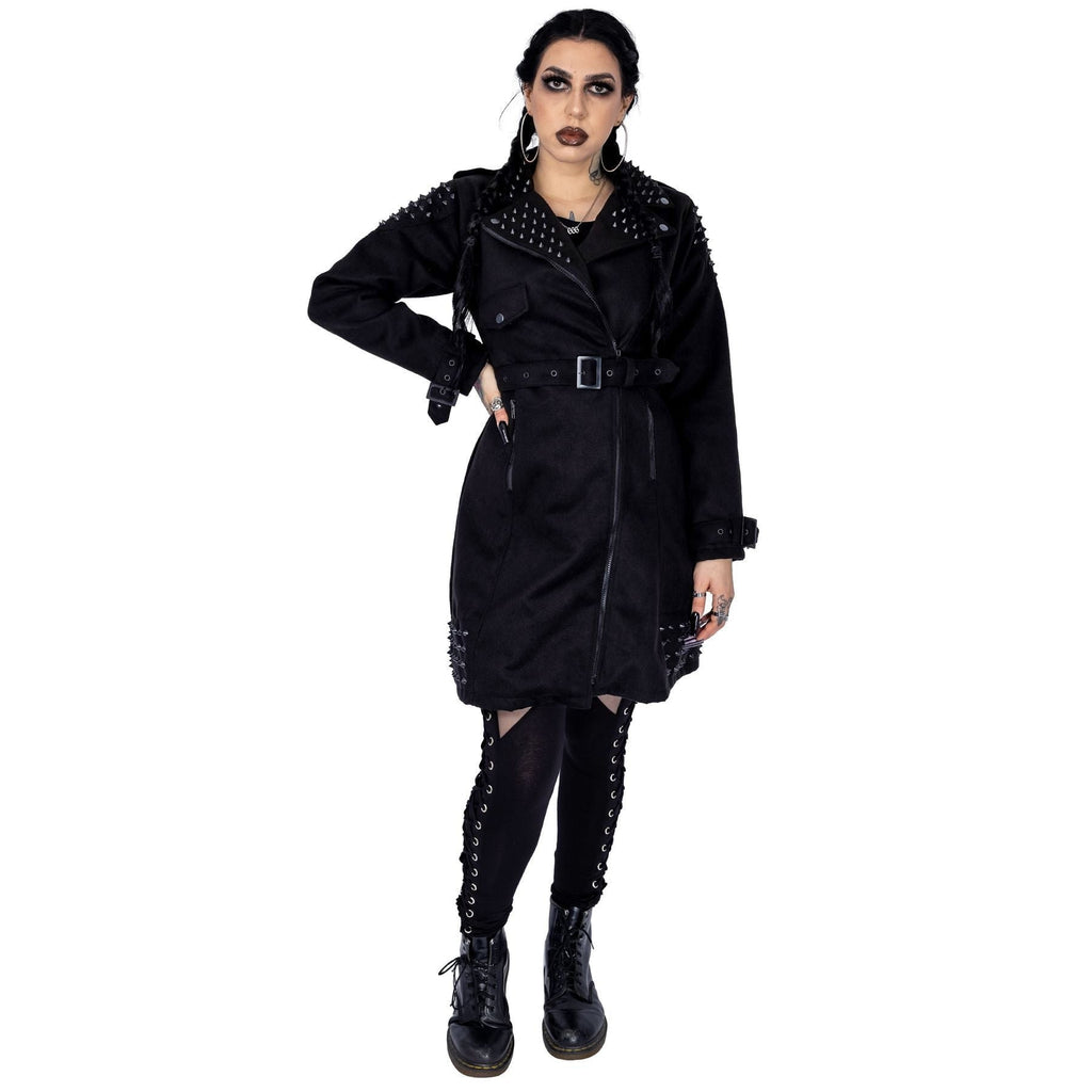 Vixxsin Adonia Coat Black Studded Gothic Belted Jacket Alternative Punk Grunge Coat - Rockinredfox