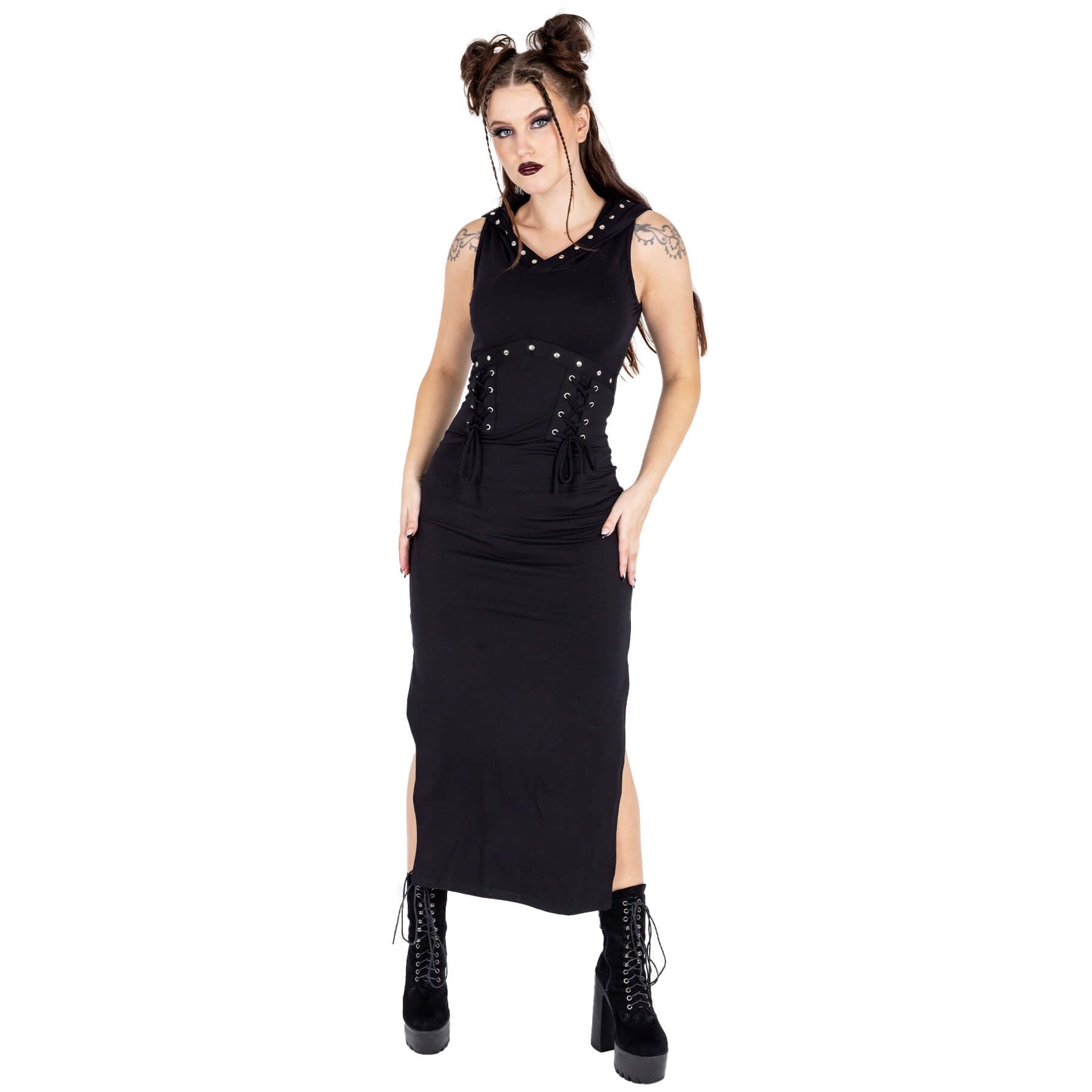 Vixxsin Cora Dress Black Gothic Hooded Bodycon Dress Lace Up Alternative Maxi Dress - Rockinredfox