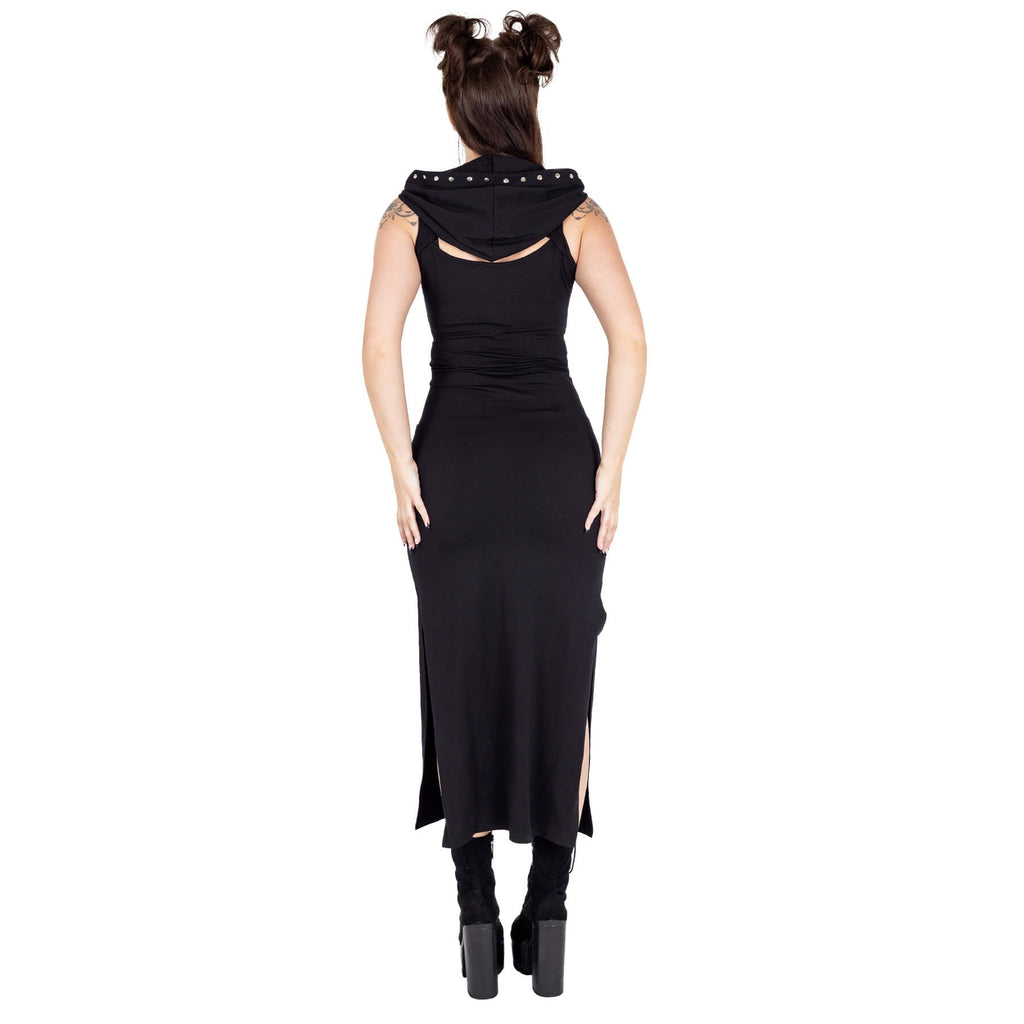 Vixxsin Cora Dress Black Gothic Hooded Bodycon Dress Lace Up Alternative Maxi Dress - Rockinredfox