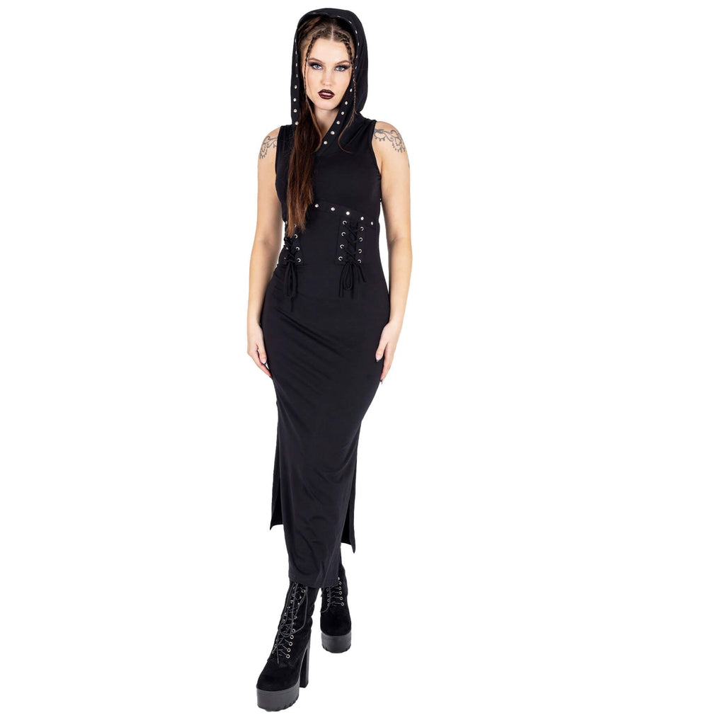 Vixxsin Cora Dress Black Gothic Hooded Bodycon Dress Lace Up Alternative Maxi Dress - Rockinredfox