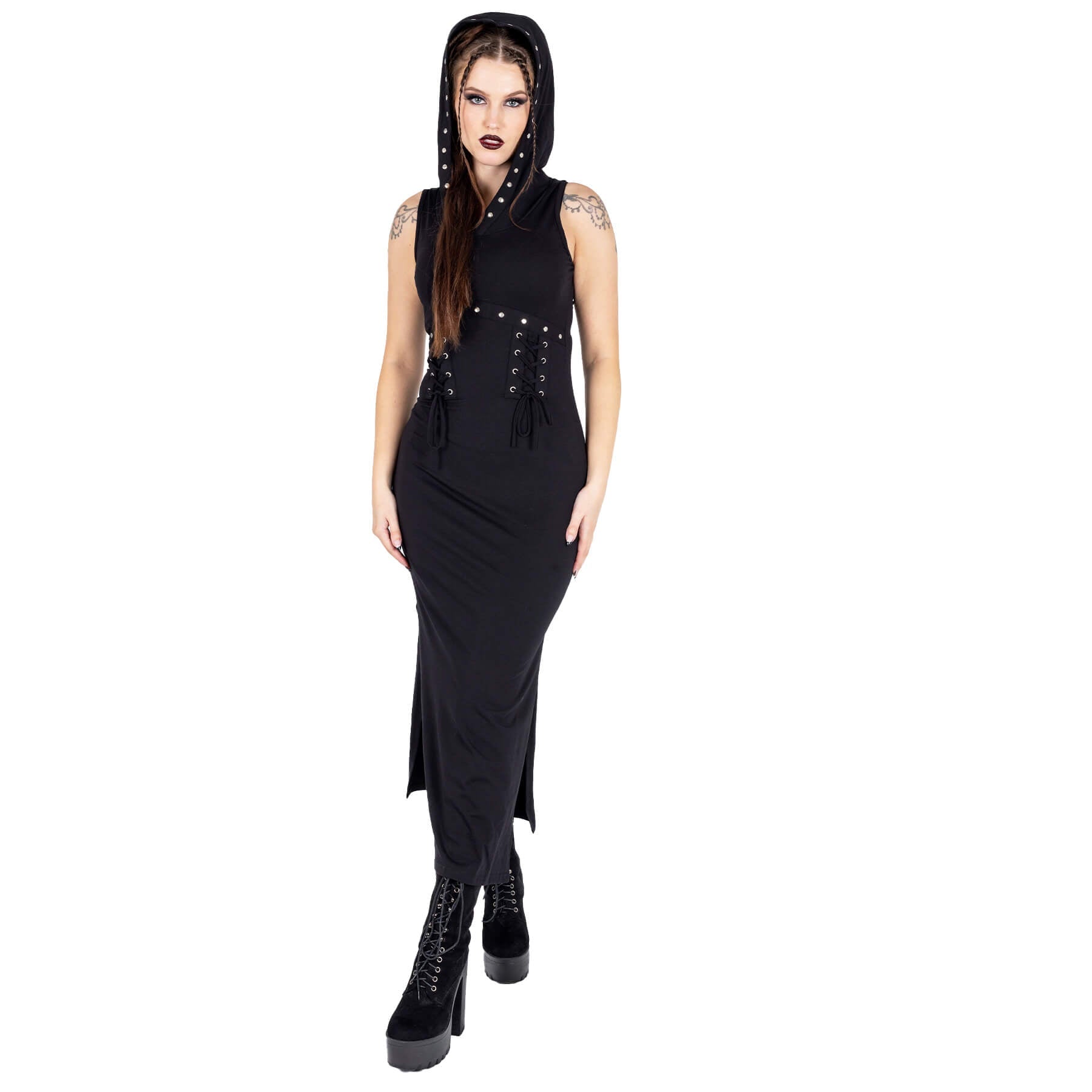 Vixxsin Cora Dress Black Gothic Hooded Bodycon Dress Lace Up Alternative Maxi Dress - Rockinredfox
