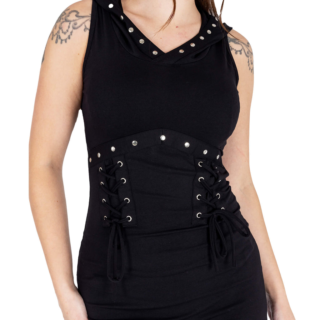 Vixxsin Cora Dress Black Gothic Hooded Bodycon Dress Lace Up Alternative Maxi Dress - Rockinredfox