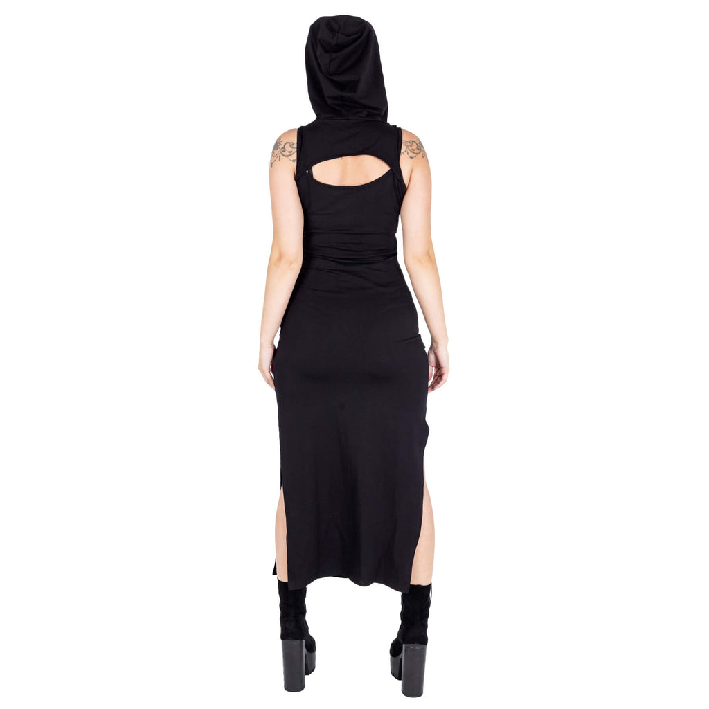 Vixxsin Cora Dress Black Gothic Hooded Bodycon Dress Lace Up Alternative Maxi Dress - Rockinredfox