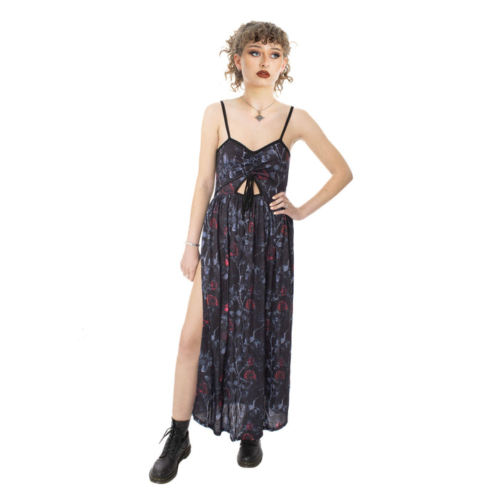 Vixxsin Graveyard Bloom Dress Black Gothic Rose Print Maxi Dress Alternative Dark Floral - Rockinredfox