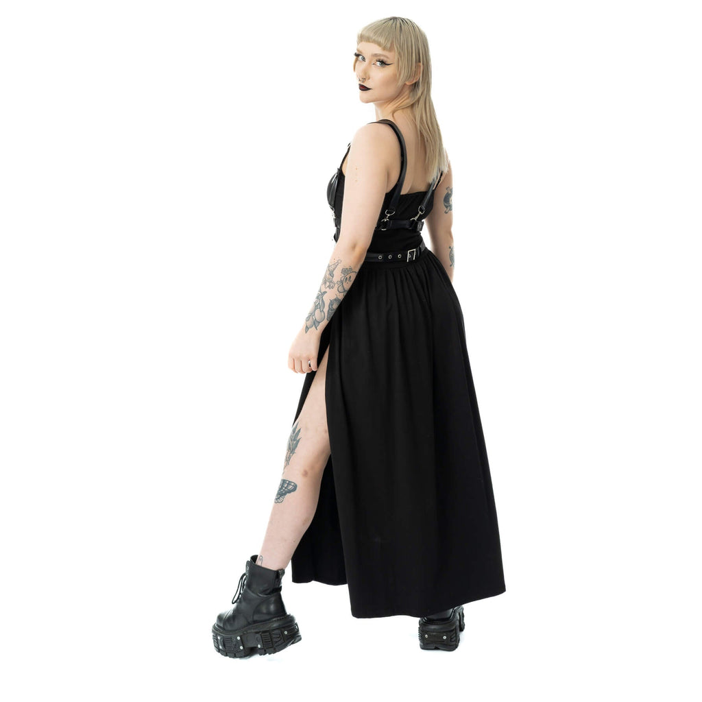 Vixxsin Junia Maxi Dress Black Gothic Harness Strap Split Dress Alternative - Rockinredfox