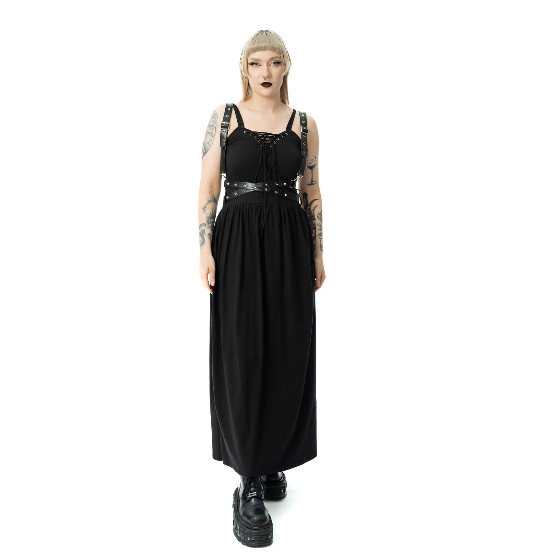 Vixxsin Junia Maxi Dress Black Gothic Harness Strap Split Dress Alternative - Rockinredfox