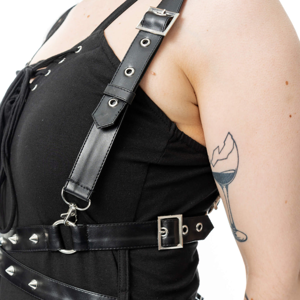 Vixxsin Junia Maxi Dress Black Gothic Harness Strap Split Dress Alternative - Rockinredfox