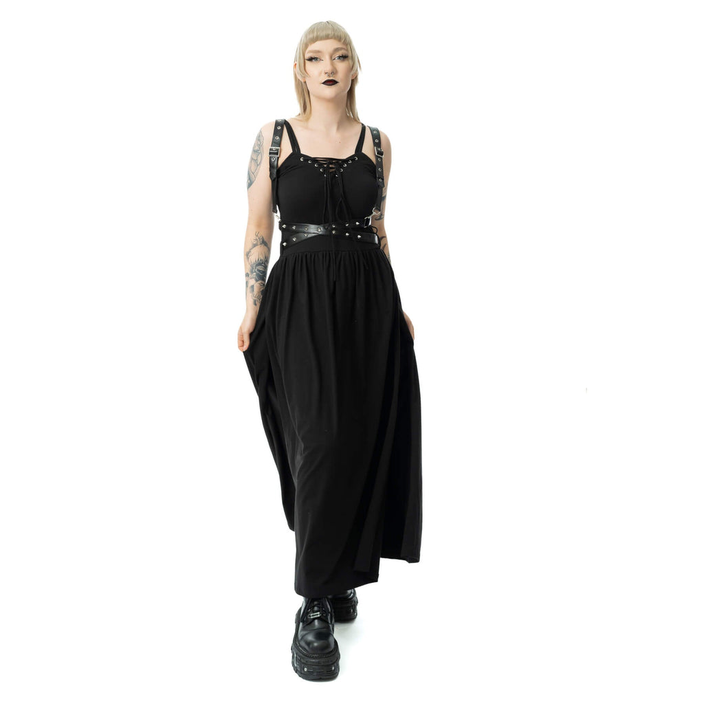 Vixxsin Junia Maxi Dress Black Gothic Harness Strap Split Dress Alternative - Rockinredfox