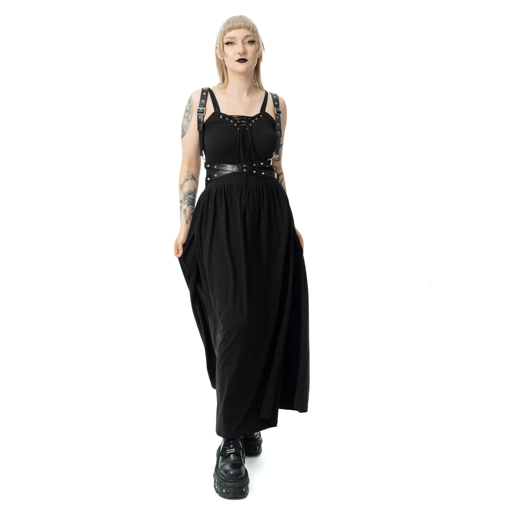 Vixxsin Junia Maxi Dress Black Gothic Harness Strap Split Dress Alternative - Rockinredfox