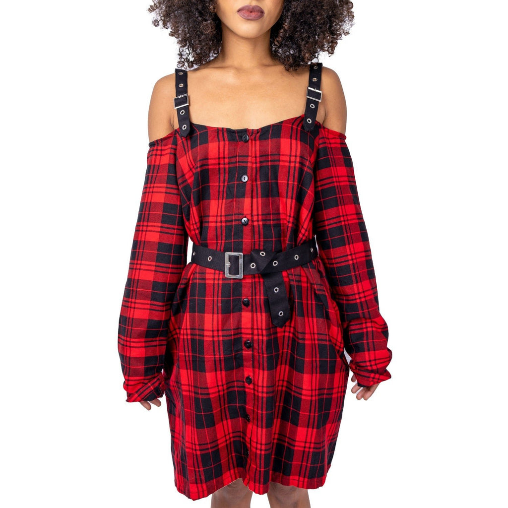 Vixxsin Labyrinth Dress Red Tartan Gothic Punk Off Shoulder Strap Dress Alternative - Rockinredfox