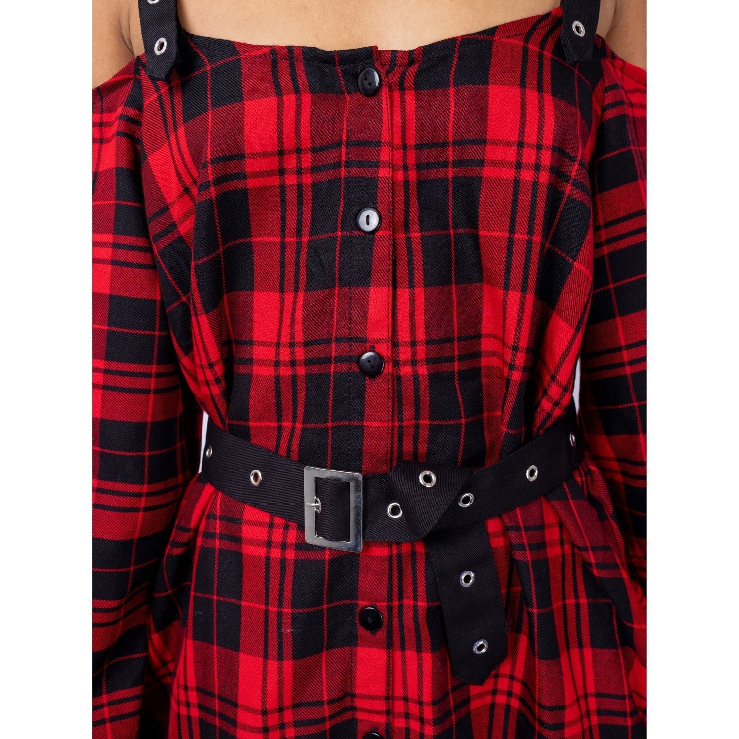 Vixxsin Labyrinth Dress Red Tartan Gothic Punk Off Shoulder Strap Dress Alternative - Rockinredfox