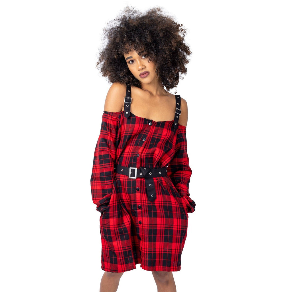 Vixxsin Labyrinth Dress Red Tartan Gothic Punk Off Shoulder Strap Dress Alternative - Rockinredfox