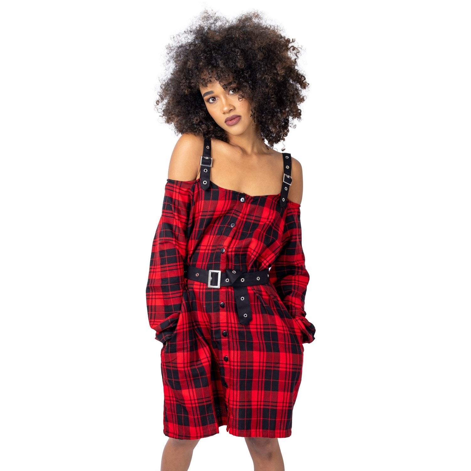 Vixxsin Labyrinth Dress Red Tartan Gothic Punk Off Shoulder Strap Dress Alternative - Rockinredfox