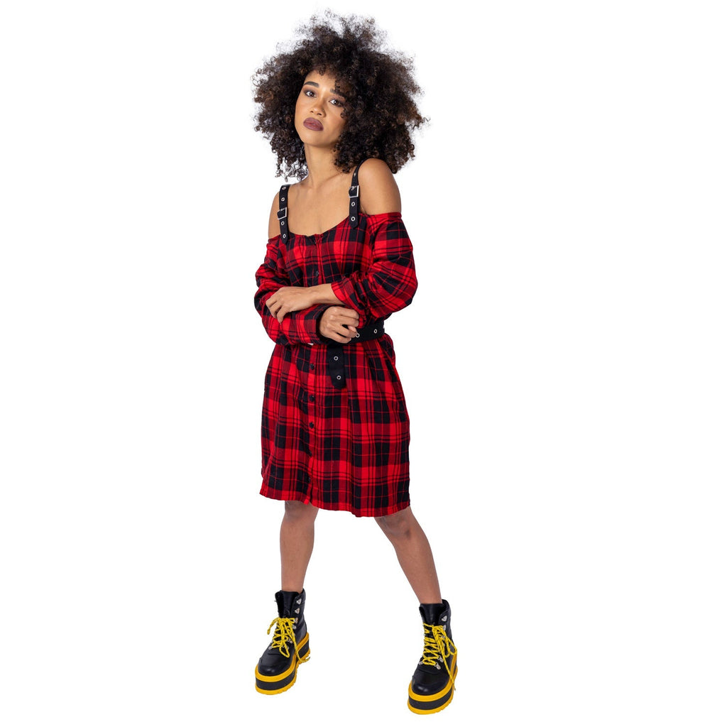 Vixxsin Labyrinth Dress Red Tartan Gothic Punk Off Shoulder Strap Dress Alternative - Rockinredfox