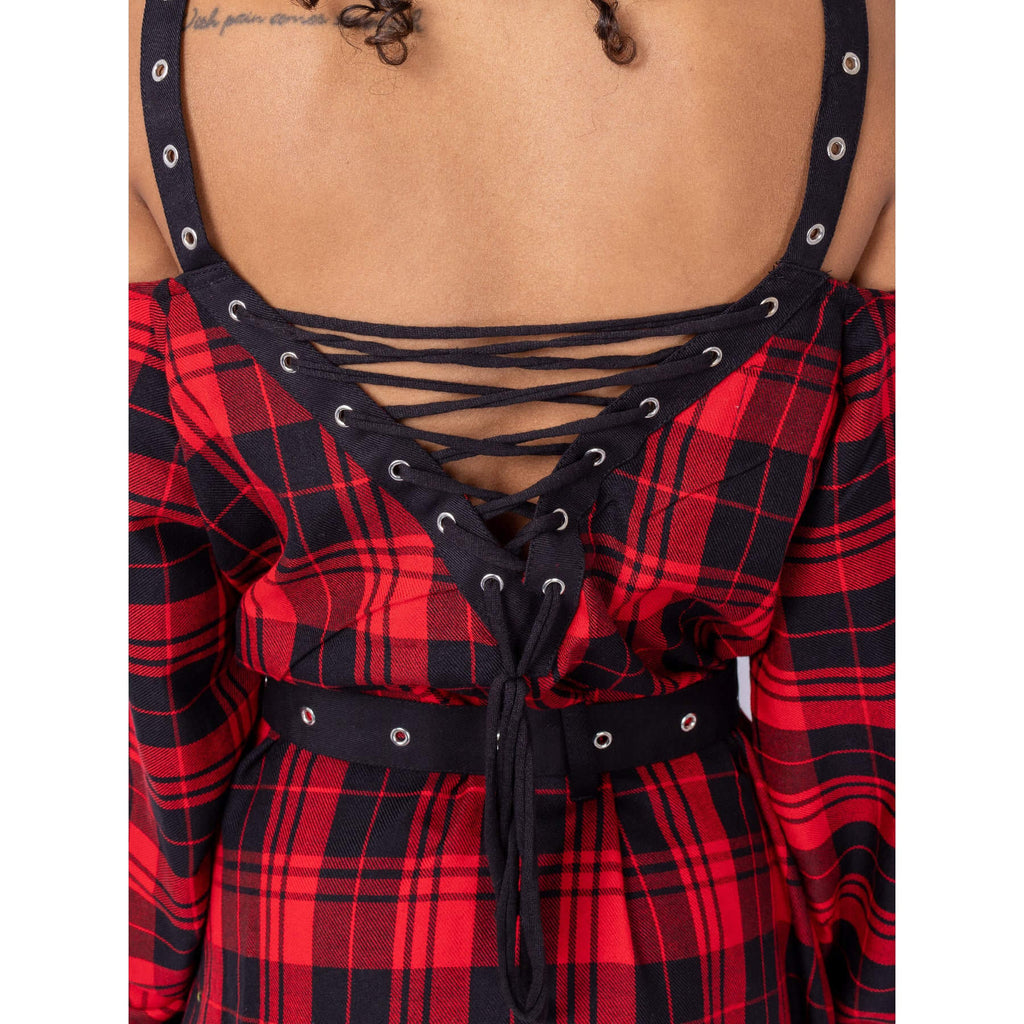 Vixxsin Labyrinth Dress Red Tartan Gothic Punk Off Shoulder Strap Dress Alternative - Rockinredfox