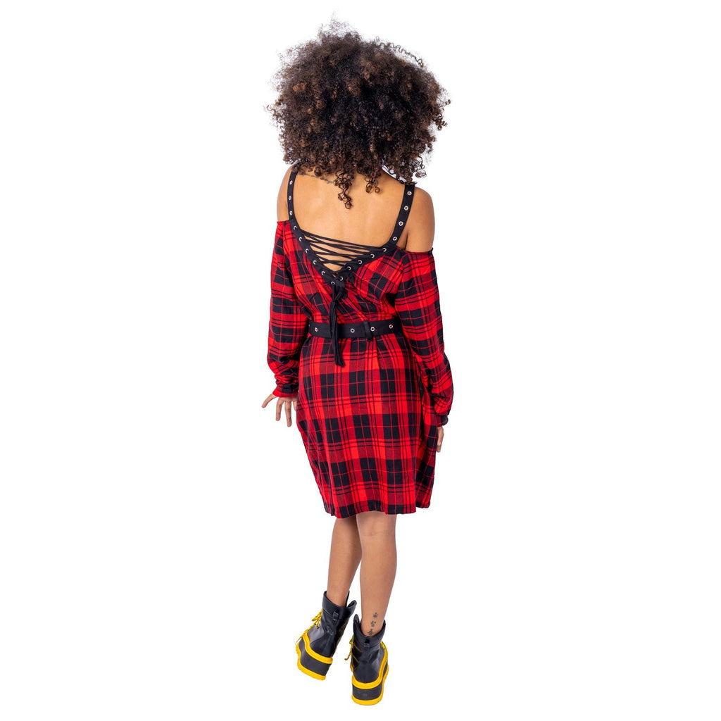 Vixxsin Labyrinth Dress Red Tartan Gothic Punk Off Shoulder Strap Dress Alternative - Rockinredfox