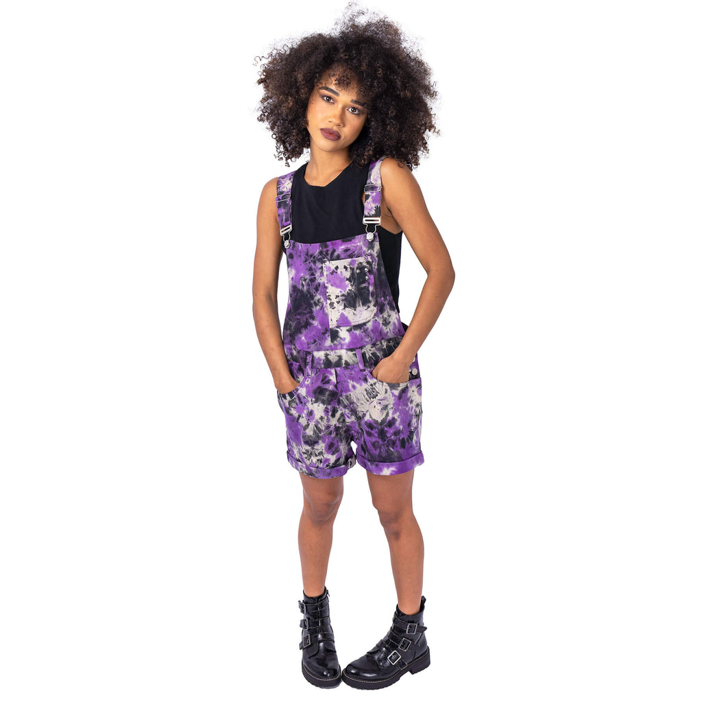 Vixxsin Meadow Dungarees Purple Tie Dye Alternative Grunge Festival Overalls Shorts - Rockinredfox