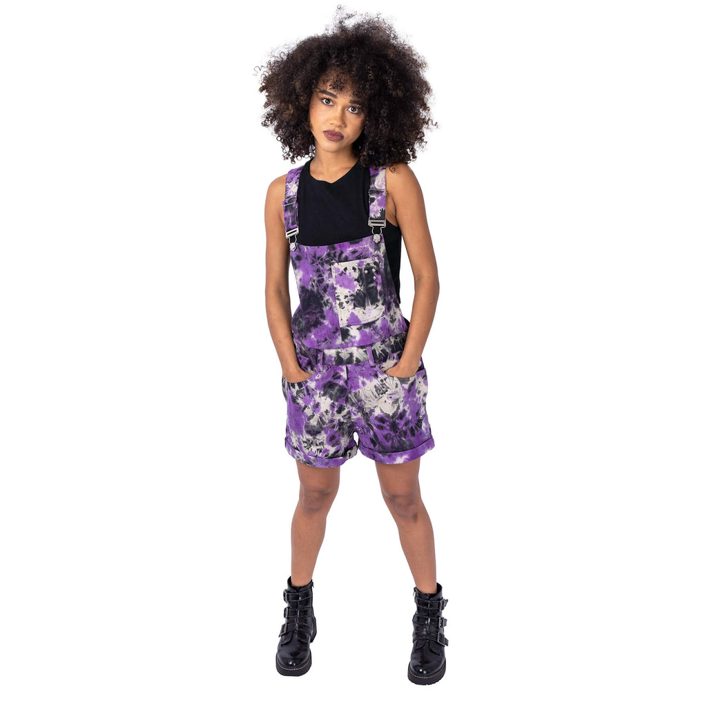Vixxsin Meadow Dungarees Purple Tie Dye Alternative Grunge Festival Overalls Shorts - Rockinredfox