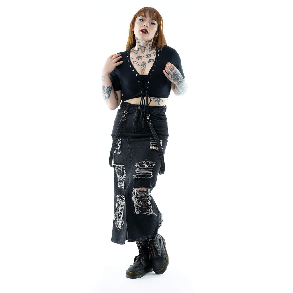 Vixxsin Runa Skirt Black Stonewash Distressed Denim Maxi Skirt - Rockinredfox