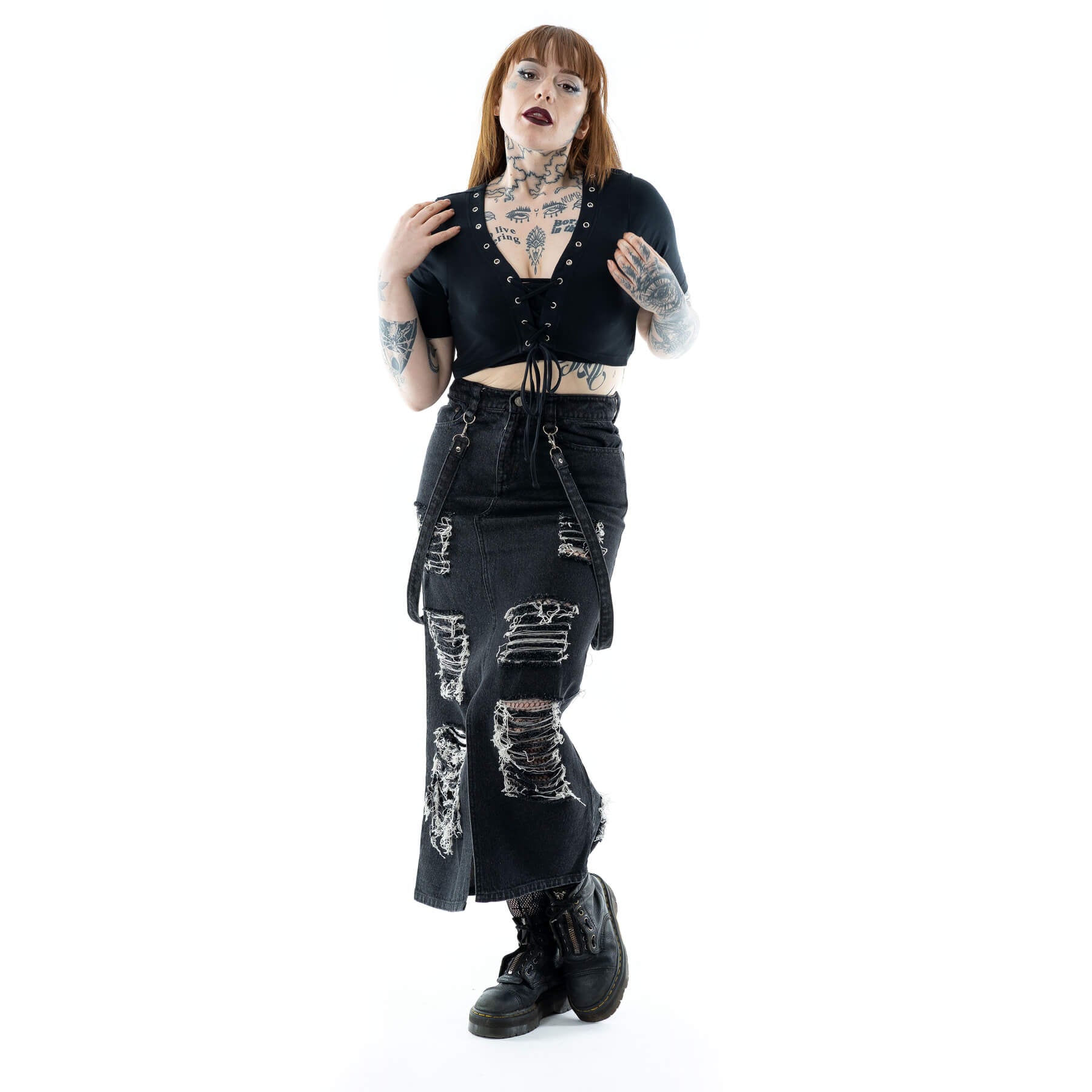Vixxsin Runa Skirt Black Stonewash Distressed Denim Maxi Skirt - Rockinredfox