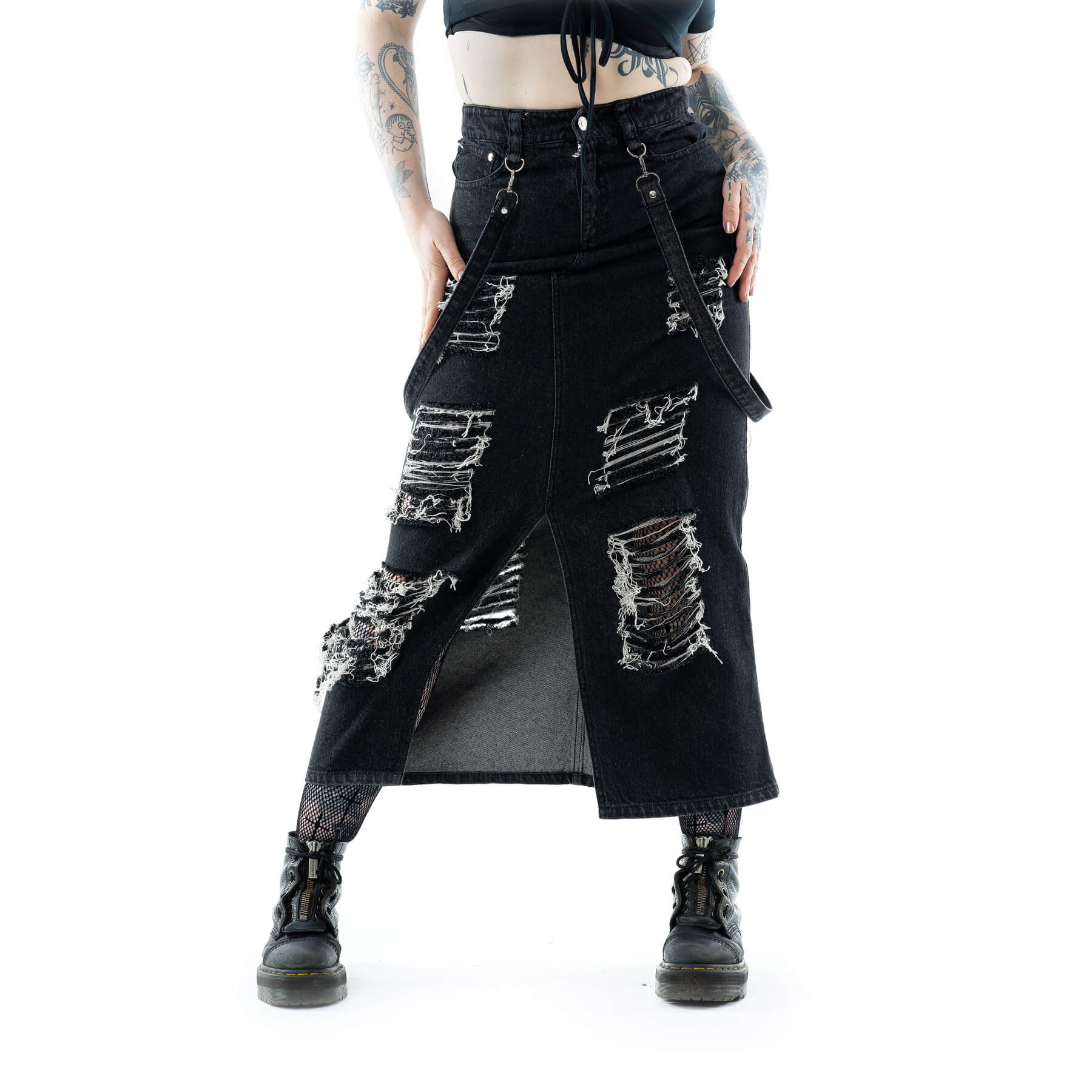 Vixxsin Runa Skirt Black Stonewash Distressed Denim Maxi Skirt - Rockinredfox