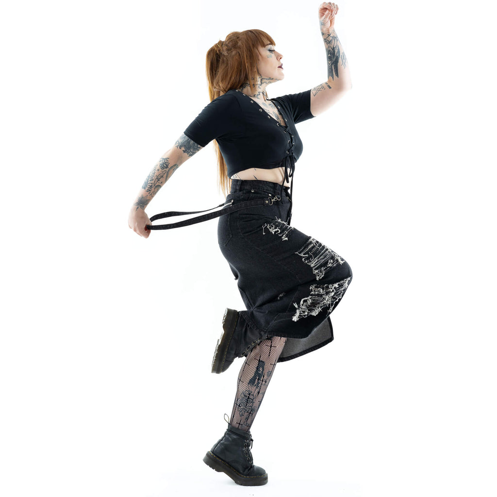 Vixxsin Runa Skirt Black Stonewash Distressed Denim Maxi Skirt - Rockinredfox
