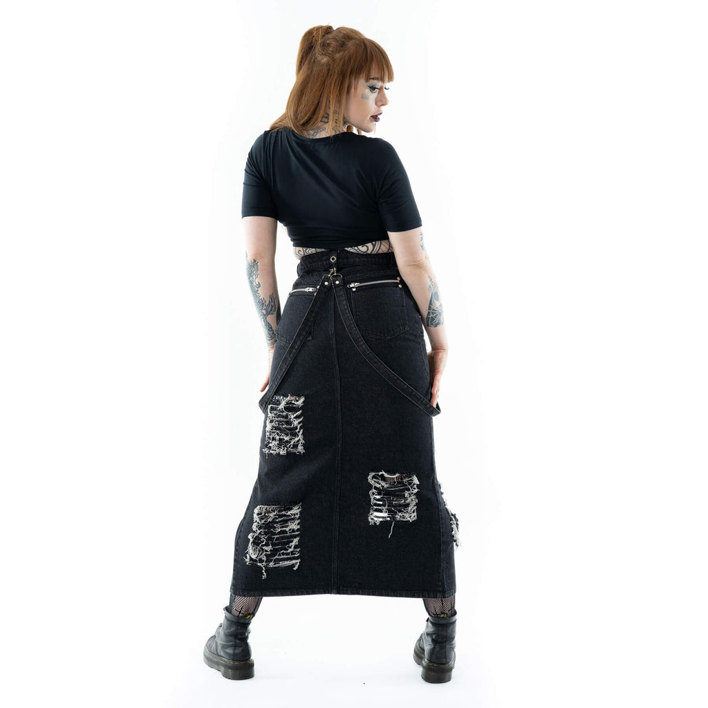 Vixxsin Runa Skirt Black Stonewash Distressed Denim Maxi Skirt - Rockinredfox