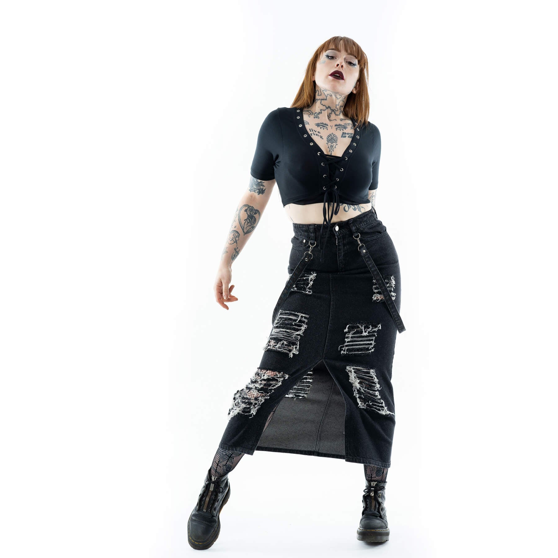 Vixxsin Runa Skirt Black Stonewash Distressed Denim Maxi Skirt - Rockinredfox
