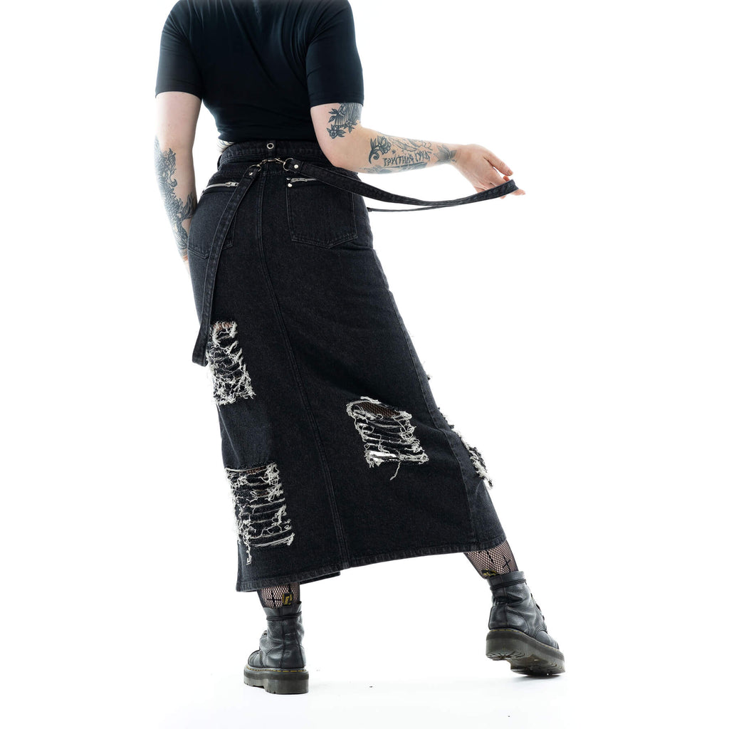 Vixxsin Runa Skirt Black Stonewash Distressed Denim Maxi Skirt - Rockinredfox
